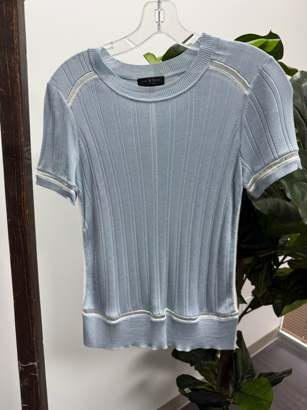 rag & bone Pale Blue Ribbed Short Sleeve Top with White Trim